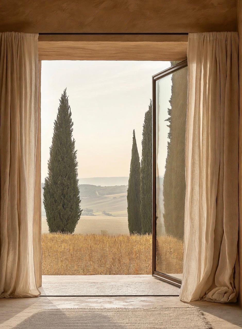 Open doorway framed by linen curtains looking onto cypress trees and a golden field in the Tuscan countryside